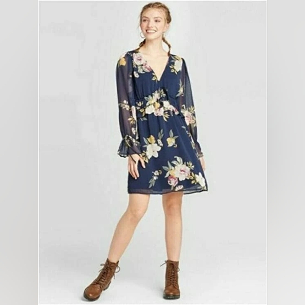 Blue Floral Boho Midi Dress